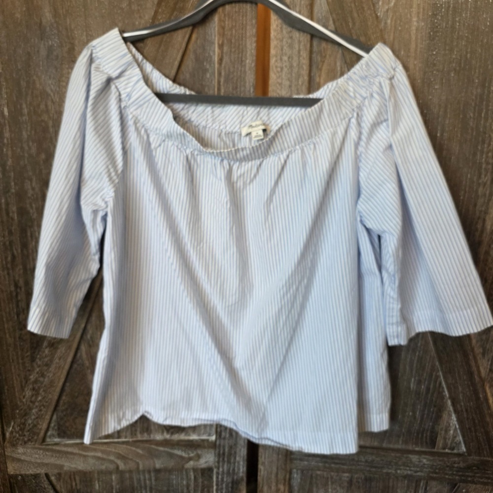 Madewell Shirt Women's Size M White & Blue Stripes Pinstripe Off the Shoulder